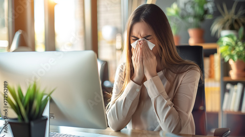 Employee suffering pollen allergy and sneezing in the office photo