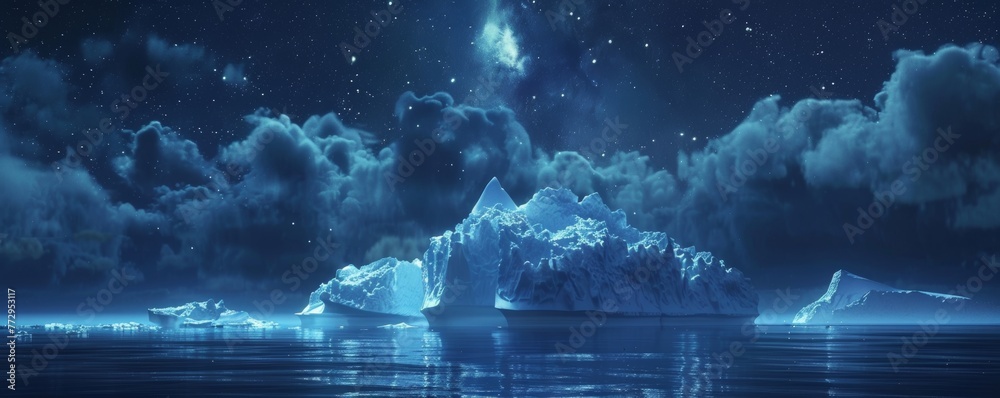 Starry night over icebergs in arctic ocean - obrazy, fototapety, plakaty 
