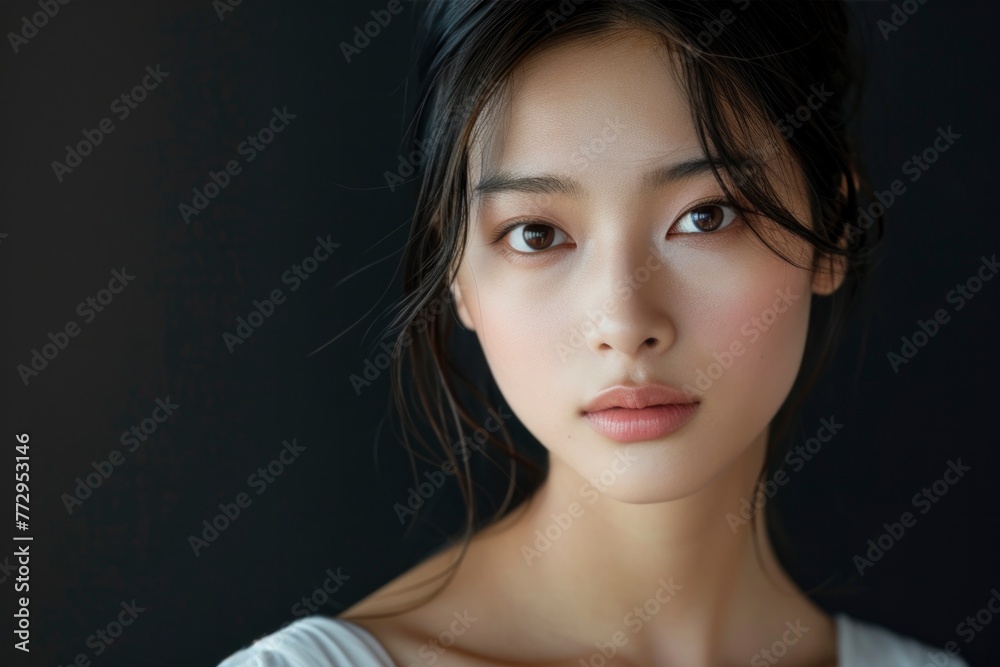 Portrait of a young Asian model with natural makeup, exuding elegance against a dark backdrop. Portrait of a young Asian model with natural makeup, exuding elegance against a dark backdrop.