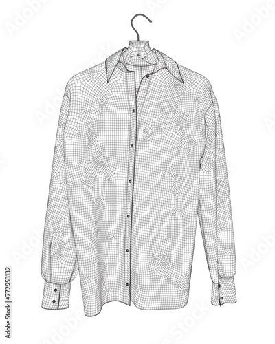 Wireframe shirt with button down collar isolated on white. Wireframe of a long sleeved shirt hanging on a hanger made of black lines isolated on a white background. Vector illustration.