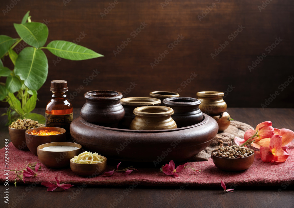 Spa still life with essential oil and herbal compress balls on wooden background Spa still life with essential oil and herbal compress balls on wooden background