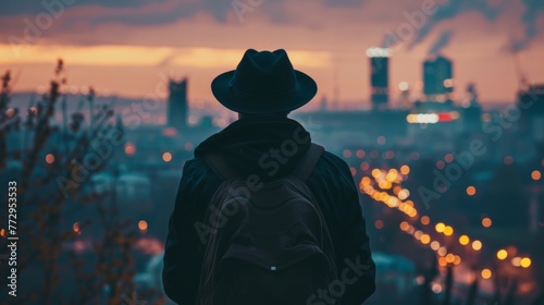 Man in hat overlooking city at dusk