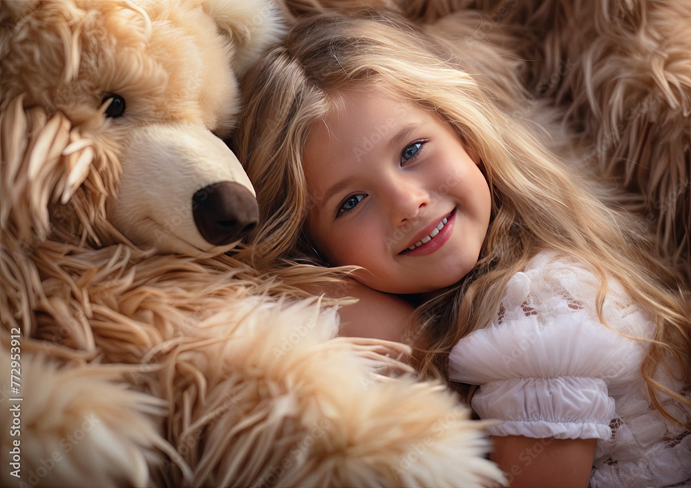 Cute little girl with teddy bear lying on fur, closeup