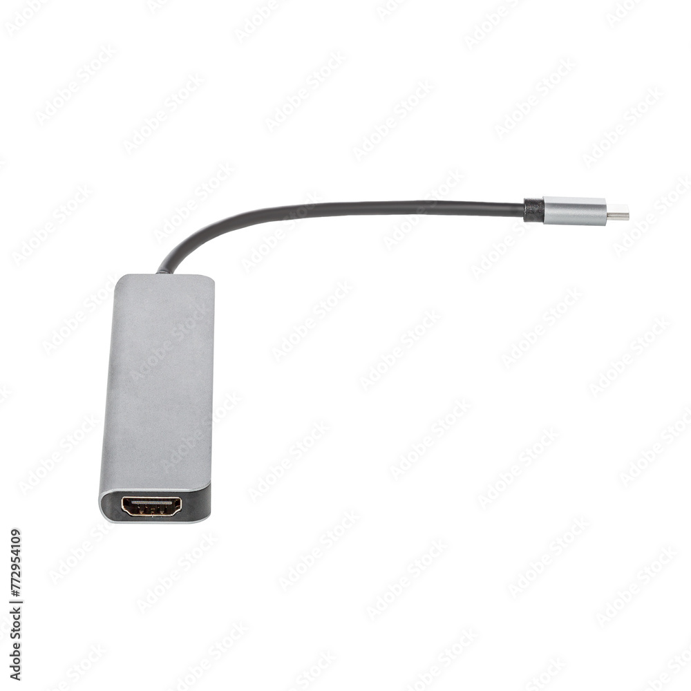 Converter USB Type C hub, USB Type C splitter, HDMI, USB 3.0, USB 2.0, Power Delivery (PD), sd card, TF on white background close up - obrazy, fototapety, plakaty 