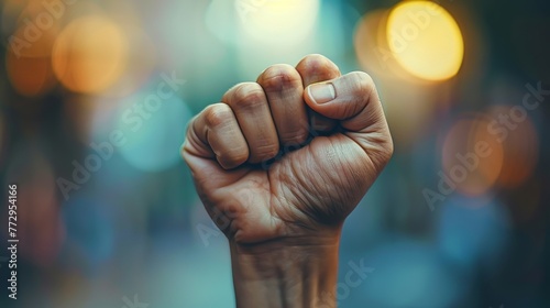 Raised fist in focus with blurred lights in the background #772954166