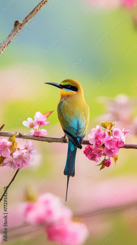 AI creates clear images of Blue-tailed bee-eater, bee-eater, Merops philippinus, birds perched on tree branches. Sakura, cherry blossoms in full bloom Near the waterfall and rocks covered with moss