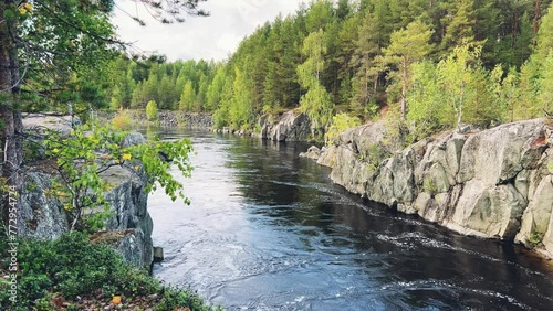 Canyon of the Nizhny Vyg river, near the Padun waterfall. A river gorge with rocks and greenery. Not far from the White Sea-Baltic Canal. Karelia, Russia 4K photo