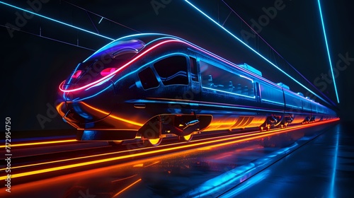 Neon-lit 3D high-speed train model against dark background, design concept