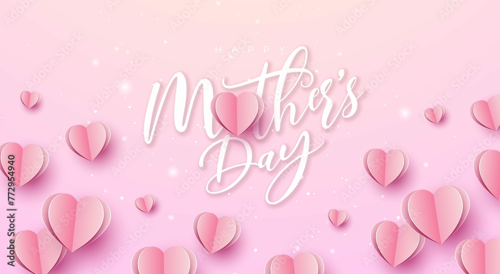 Happy Mothers Day Banner Postcard With Paper Hearts Typography Letter Pink Background
