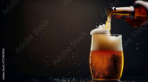 A glass of beer is poured into a glass. pouring out a bottle of beer into a pint glass on a black background,