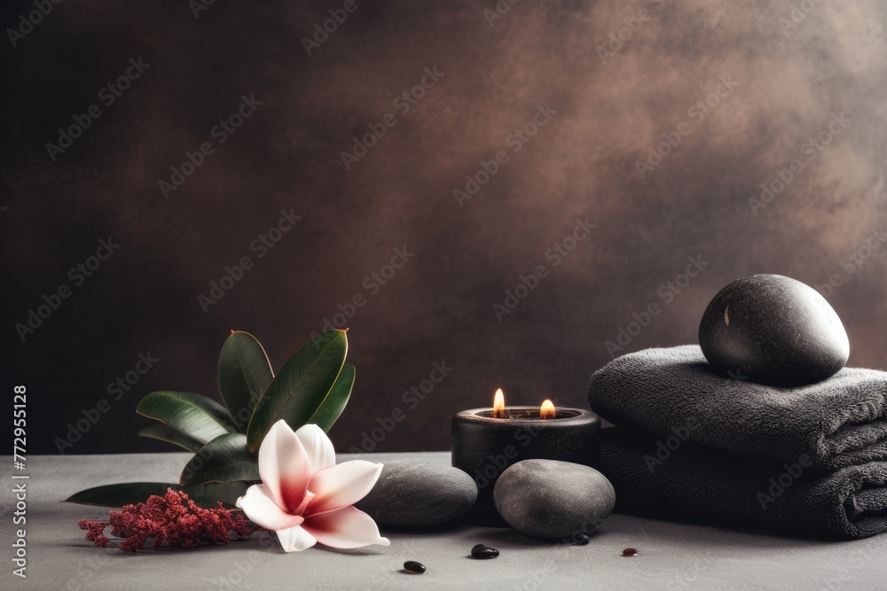 A tranquil spa setting with black stones, a lit candle, towels, and a delicate flower on a serene background. Spa Concept with Stones, Candles, and Flower