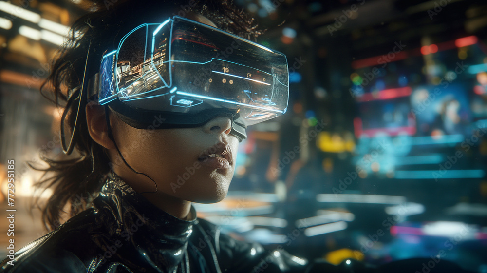 A woman is immersed in virtual reality with an electric blue headset in a dark room, enhancing her vision care experience A woman is immersed in virtual reality with an electric blue headset in a dark room, enhancing her vision care experience