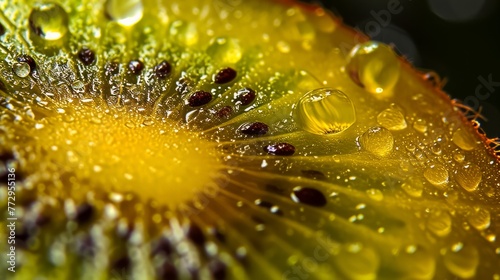 Tasty kiwi slices covered with water drops. Fruit background.