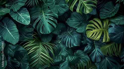 The jungle with dark coloured leaves, exotic atmosphere. Tropical leaves background. photo