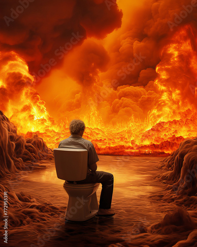 Individual on toilet amidst a fiery landscape, hyper realistic