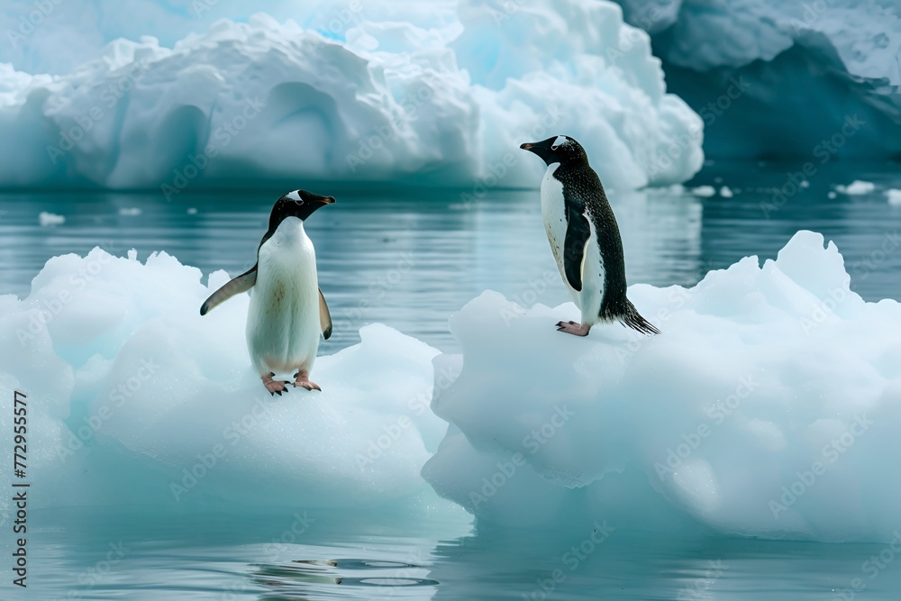 Obraz premium Antarctic penguins on melted snow. Melting glaciers, global warming. Environmental Problem, Climate Change. Generative AI