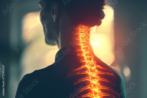 Spine on woman's back and neck, indication of back pain. Spine is illuminated with red glow. Improper posture, spinal curvature and osteochondrosis. Generative AI photo