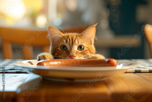 Cute funny outbred mongrel cat sits at table in front of plate with sausage and licks his mouth. Generative AI photo