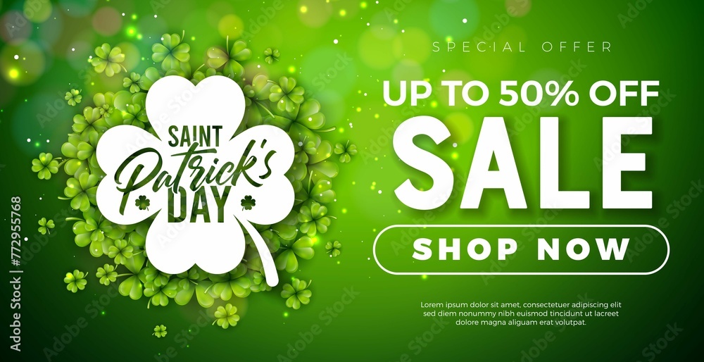 Irish Saint Patricks Day Sale Banner Illustration With Clover Leaves Shiny Green Background