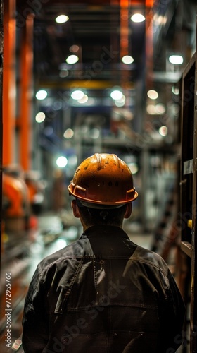 Worker in an industrial environment at night