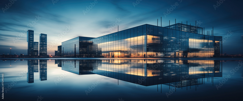 Architectural marvel reflecting on the water. A grand, modern building ...