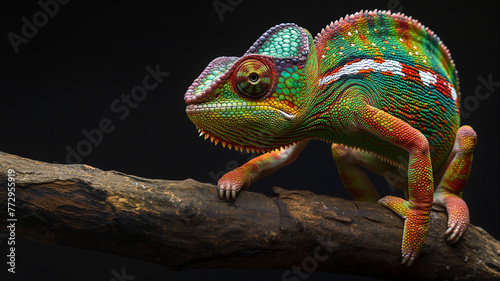 Colorful chameleon mainly in green, Chameleon on a thick tree branch