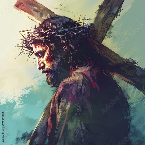 Jesus Christ pulling wooden cross on his back, oil illustration generated with AI