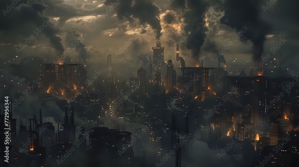 Nocturnal Metropolis: Illuminated Buildings and Smoke in Dark Urban Landscape