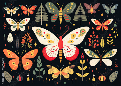 Butterflies and flowers set. Vector illustration in flat style.