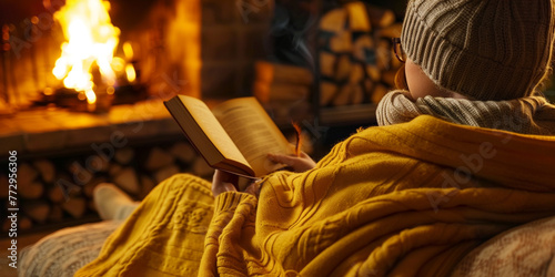 person reading a book, A image of someone sitting by a fireplace, wrapped in a blanket, and engrossed in a book, with a warm and cosy atmosphere