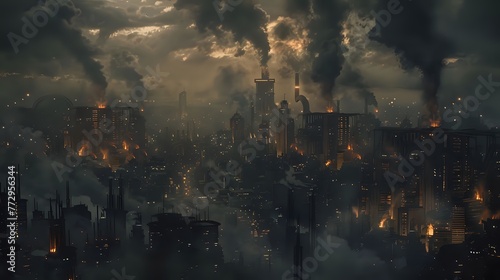 Nocturnal Metropolis  Illuminated Buildings and Smoke in Dark Urban Landscape