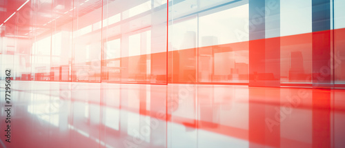 Vibrant and striped. A contemporary and abstract red and blue building with a striking red and white stripe, set against a glass mirror reflection backdrop