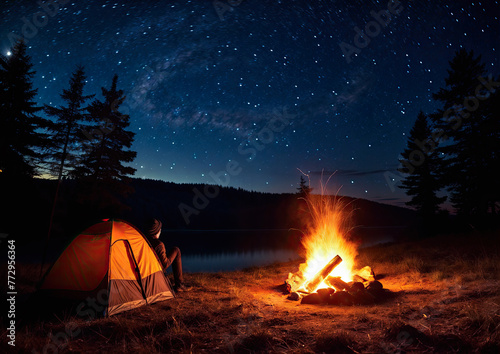 Camping near the lake at night with starry sky and stars