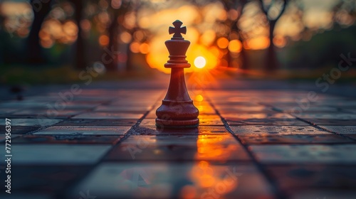 Chess piece on a board at sunset