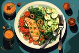 A white plate filled with a serving of fish and an assortment of colorful vegetables, ready for a speedy weeknight dinner. Generative AI