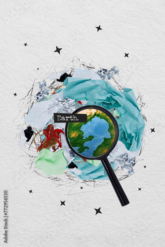 Fototapeta Naklejka Na Ścianę i Meble -  Sketch artwork trend composite 3d collage photo of huge garbage heap instead of planet earth eco global problem loupe shows piece