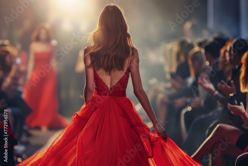 A model girl in a red long dress, with her hair styled, walks along the floor under the spotlight. Spectators on both sides watch the fashion show. Back view
