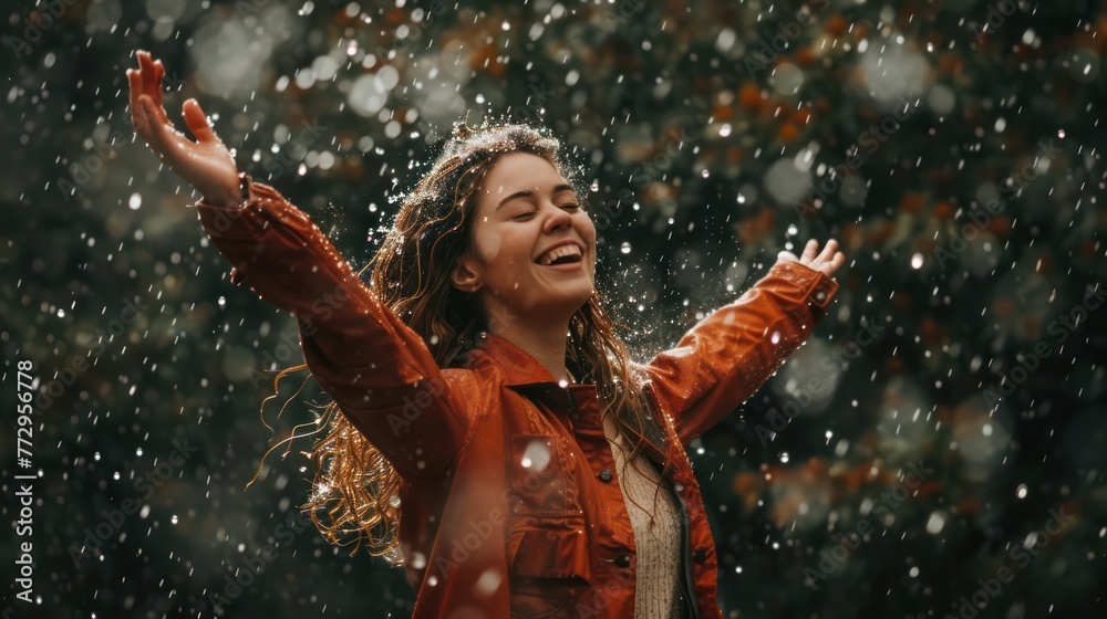 A woman feeling happy and carefree while dancing in the rain.