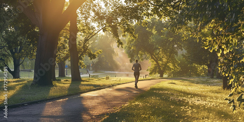 walk in the park, A image of someone going for a morning jog in the park, with trees, paths, and the soft light of dawn creating a serene atmosphere