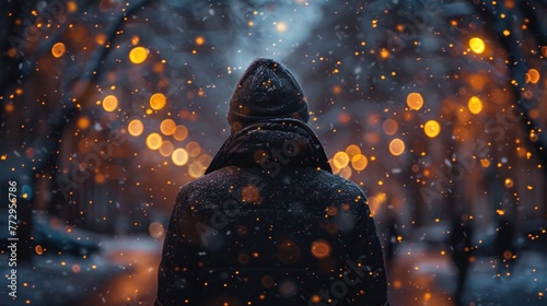 Person standing in a snowfall at night with glowing lights
