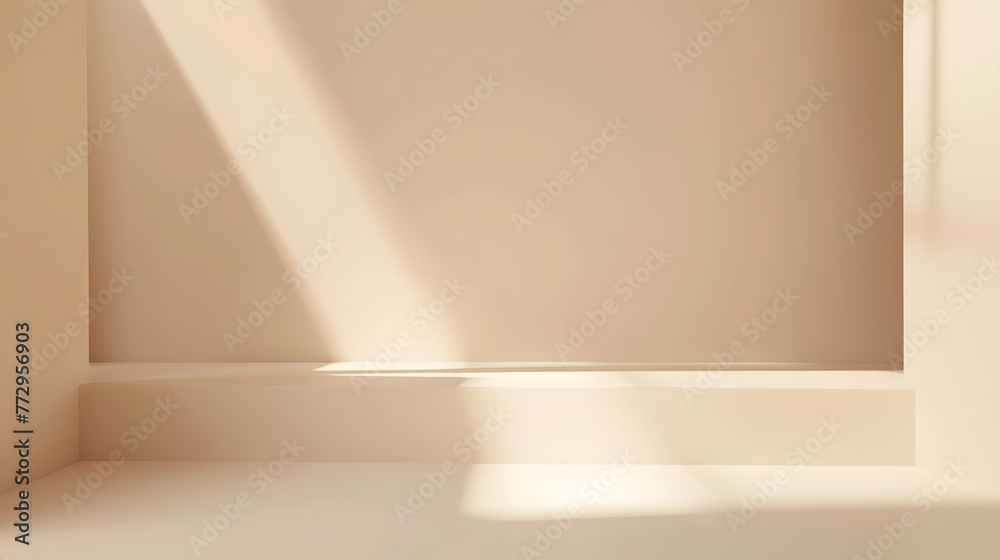 White background with light shining on the wall, empty space for product presentation mockup. Beige soft color. Minimalism, 3D rendering illustration in the style of minimalism White background with light shining on the wall, empty space for product presentation mockup. Beige soft color. Minimalism, 3D rendering illustration in the style of minimalism