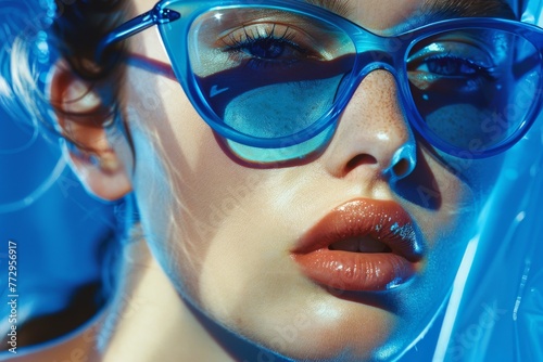 Close-up photo of the face of a female model in blue transparent glasses with plump lips. Fashion industry, for magazine cover