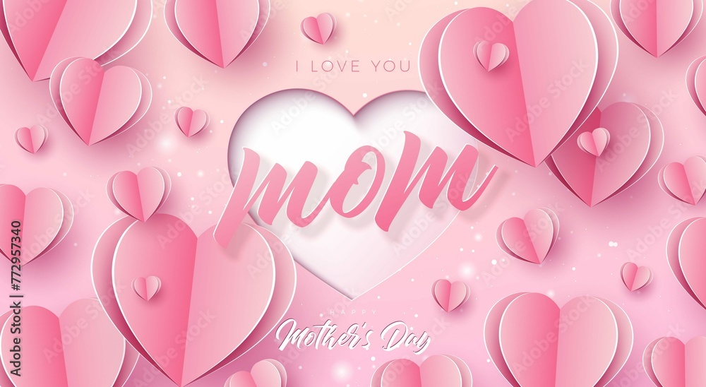 Happy Mothers Day Banner Postcard With Paper Hearts Typography Letter Pink Background 3