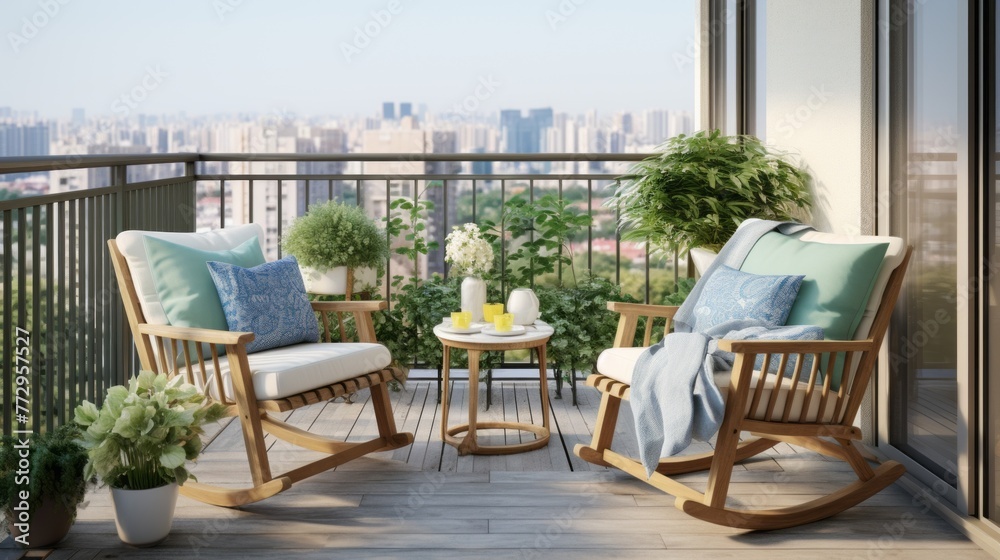 A balcony with two wooden rocking chairs and a table with a vase and a cup