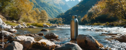 Stainless steel bottle by a mountain river