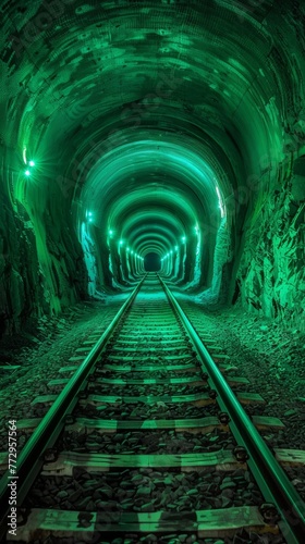 Green illuminated railway tunnel with rock textures