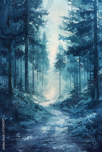 Cooltoned forest, 4K watercolor, layered scene, peaceful and depthrich ambiance photo