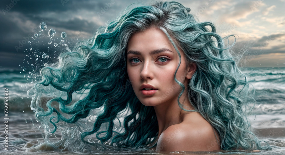 Portrait of a woman with green hair on the background of the sea Portrait of a woman with green hair on the background of the sea