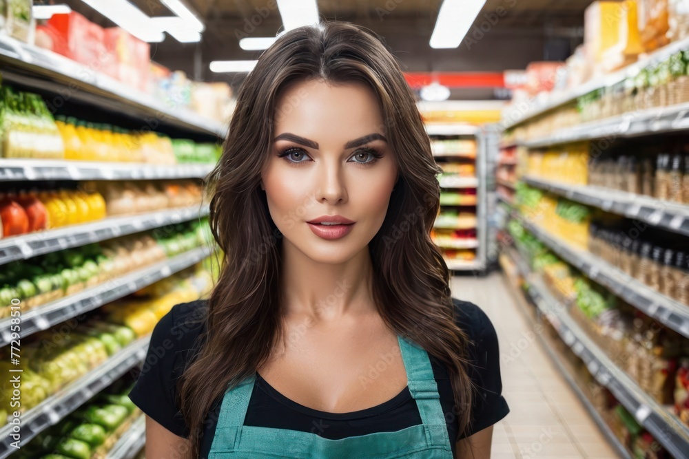 Young smiling happy seller consultant woman wearing uniform working at supermaket store grocery shop standing near shelves with products. Purchasing food gastronomy concept. Generative AI