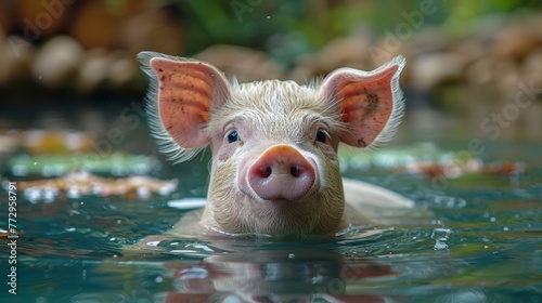 Close-up of a cute pig swimming in water © iVGraphic